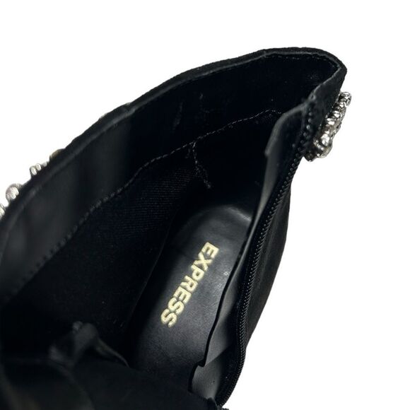 Express Black Faux Suede Ankle Booties Heeled Boots Gemstone Top Pointed Toe - Picture 6 of 9